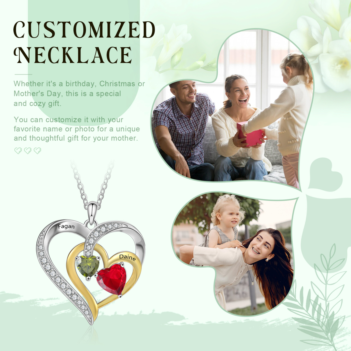 Collar corazón con 2 nombres y 2 piedras de nacimiento personalizados-Jessemade ES