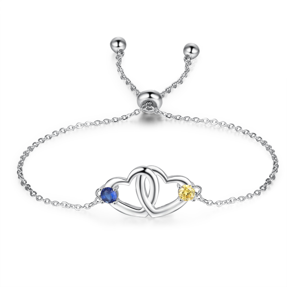 Pulsera ajustable de corazón con 2 piedras de nacimiento y 2 nombres personalizados