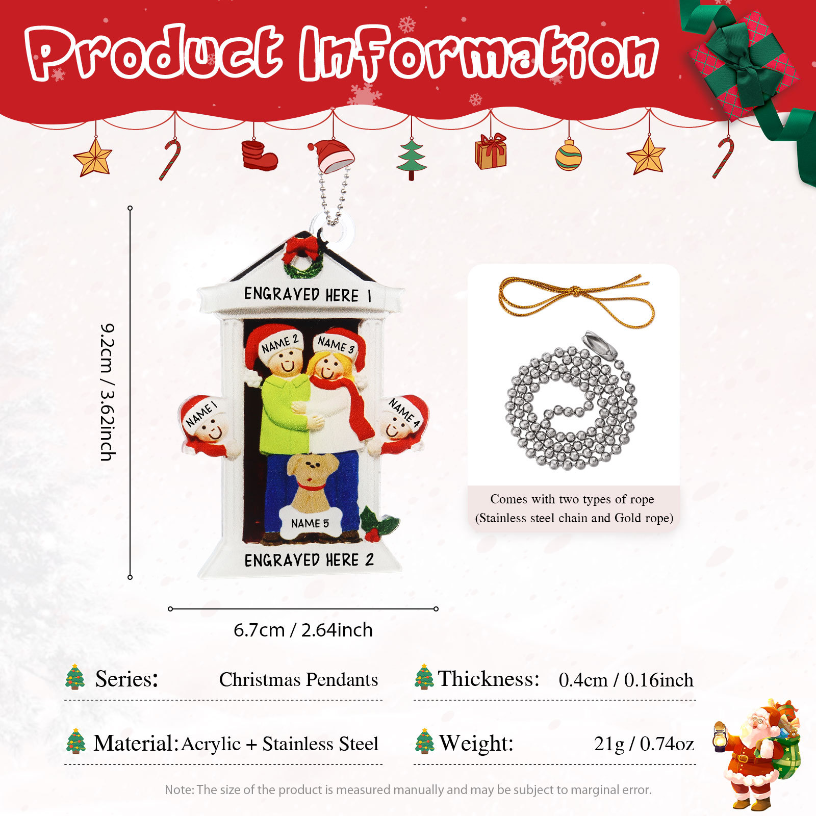 Navidad-Ornamentos Navideños de Acrílico Familia en Puerta con Perro 5 Nombres Personalizados con 2 Textos-Jessemade ES