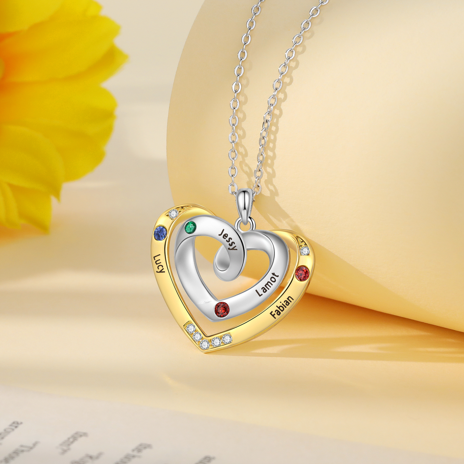 Collar de corazón con 4 nombres y piedras de nacimiento personalizados-Jessemade ES
