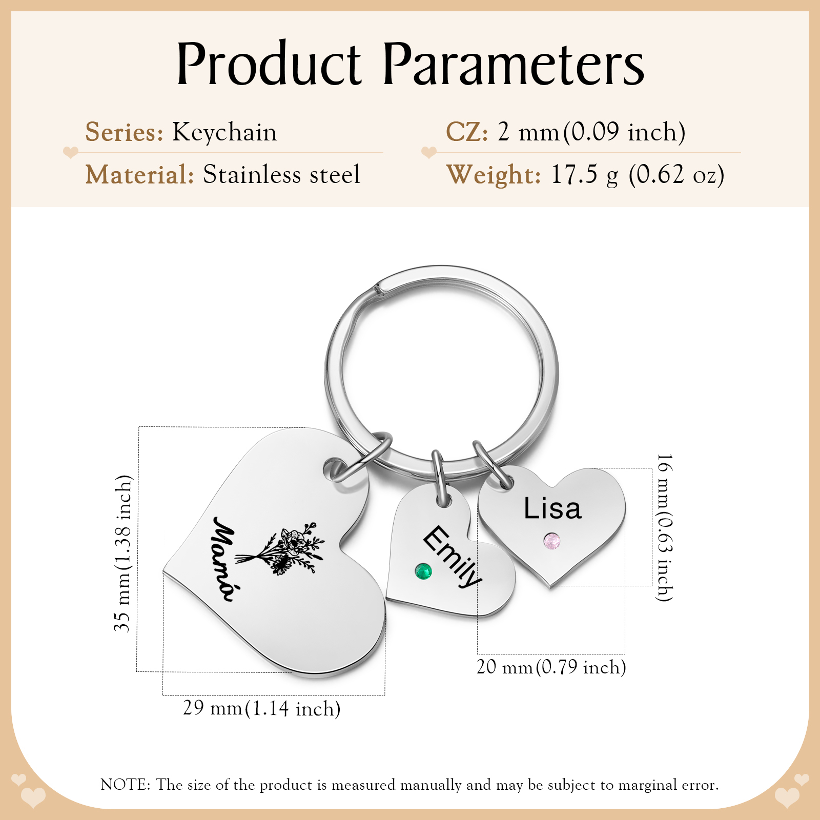 A mi mamá/abuela - Llavero con 2 nombres y piedras de nacimiento personalizados en corazones con texto y flor-Jessemade ES