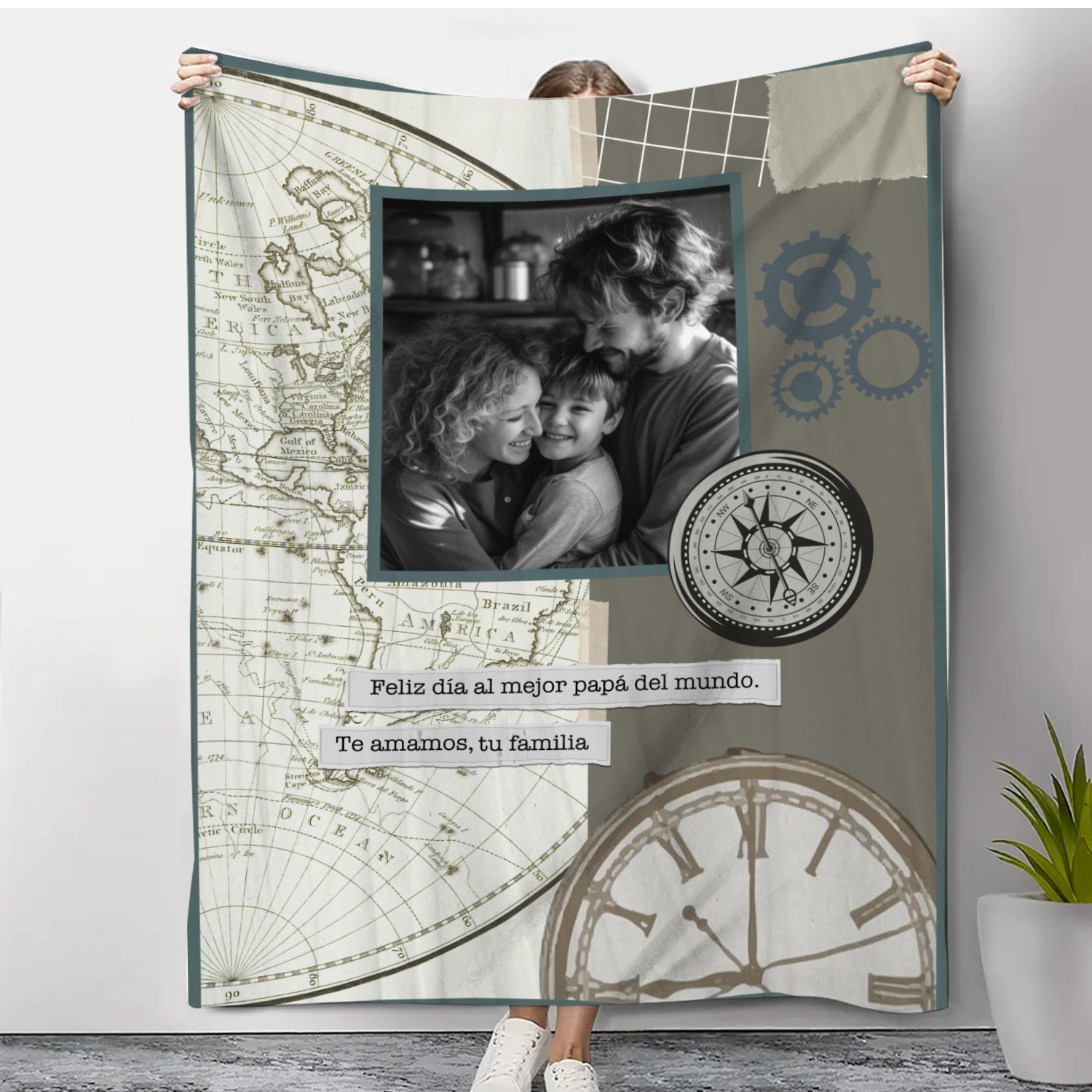 A mi padre-Manta de buen calidad de reloj personalizada con 1 foto y 1 texto-Jessemade ES