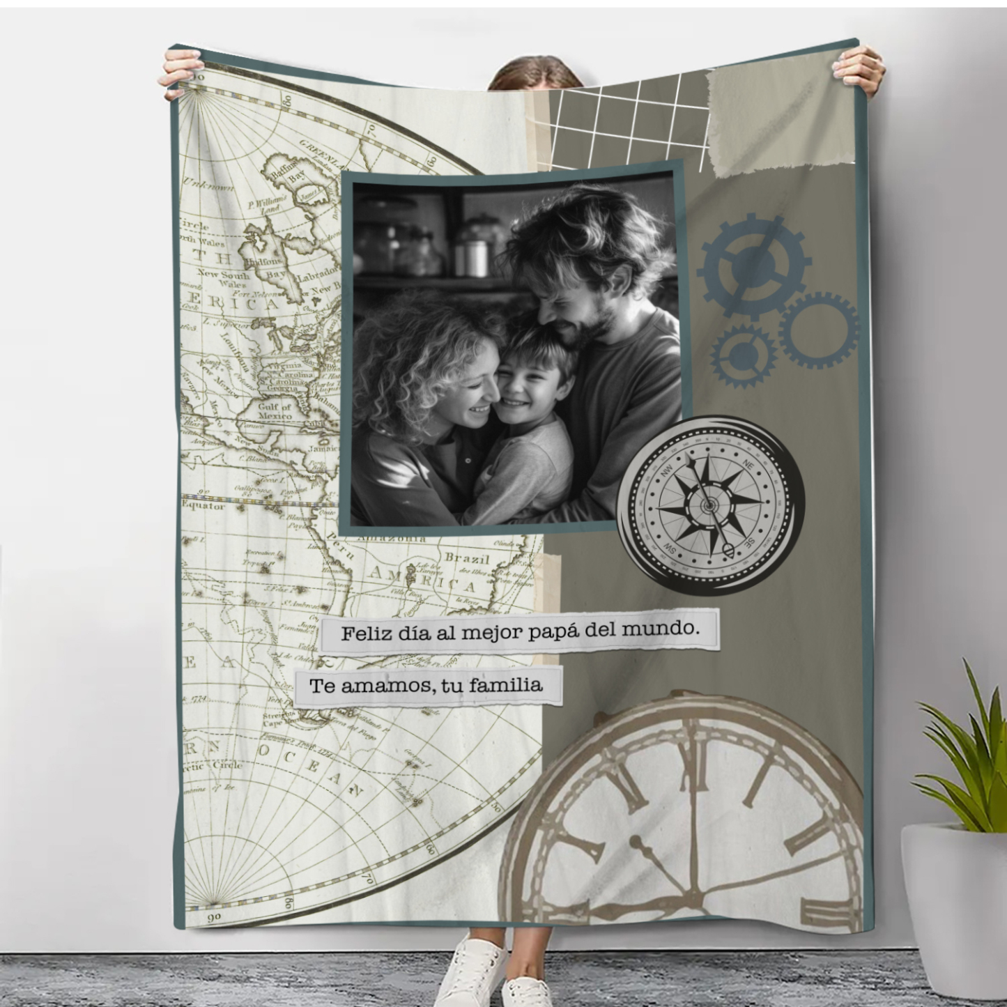 A mi padre-Manta de buen calidad de reloj personalizada con 1 foto y 1 texto-Jessemade ES