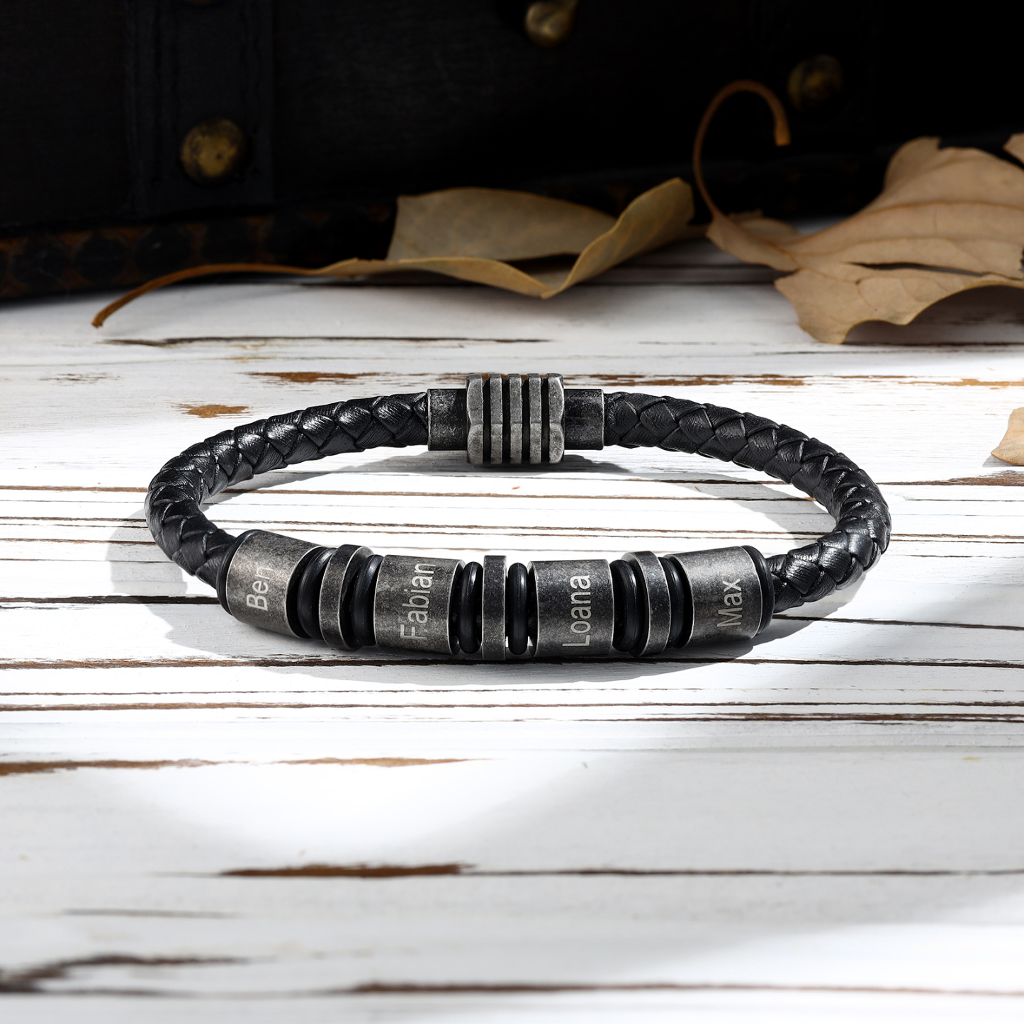 Pulsera de cuero trenzado con 4 aros 4 nombres personalizados pulsera de hombre -Jessemade ES