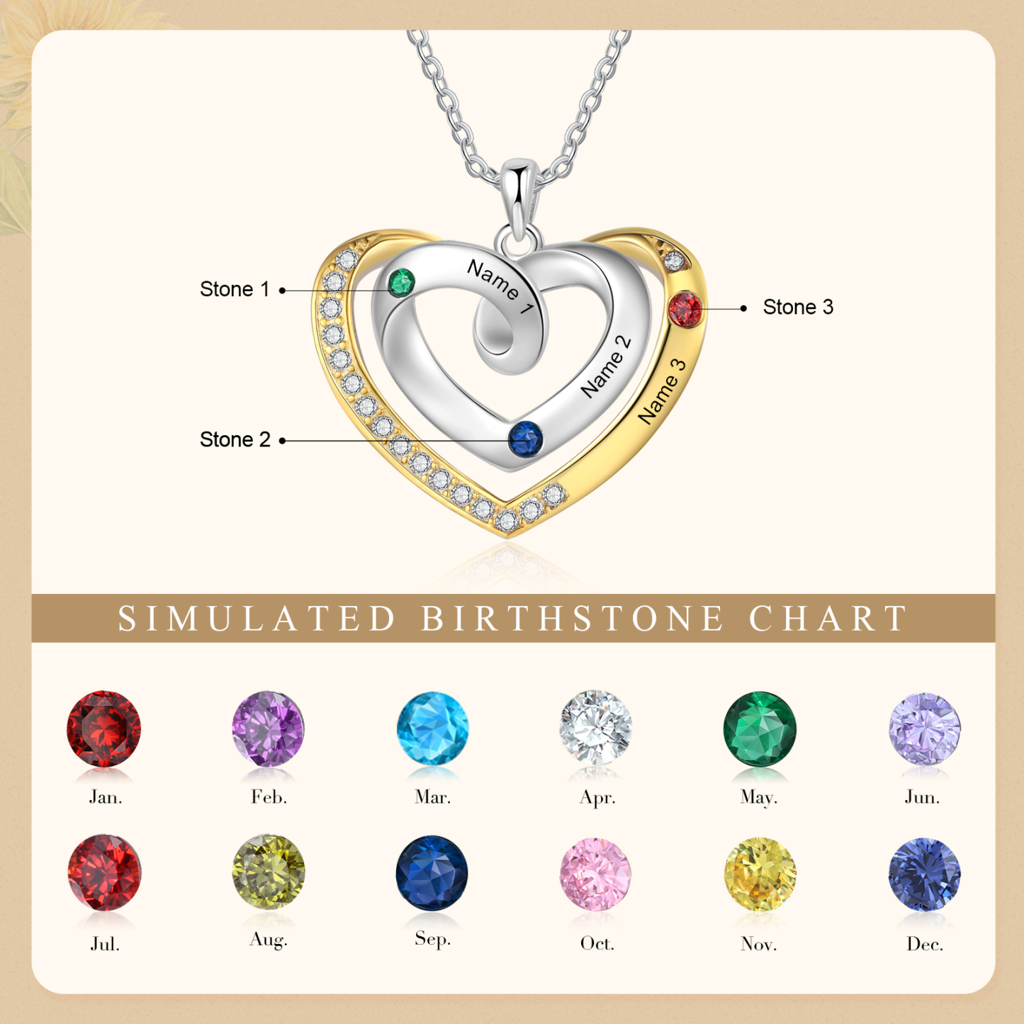 Collar de corazón con 3 nombres y piedras de nacimiento personalizados-Jessemade ES