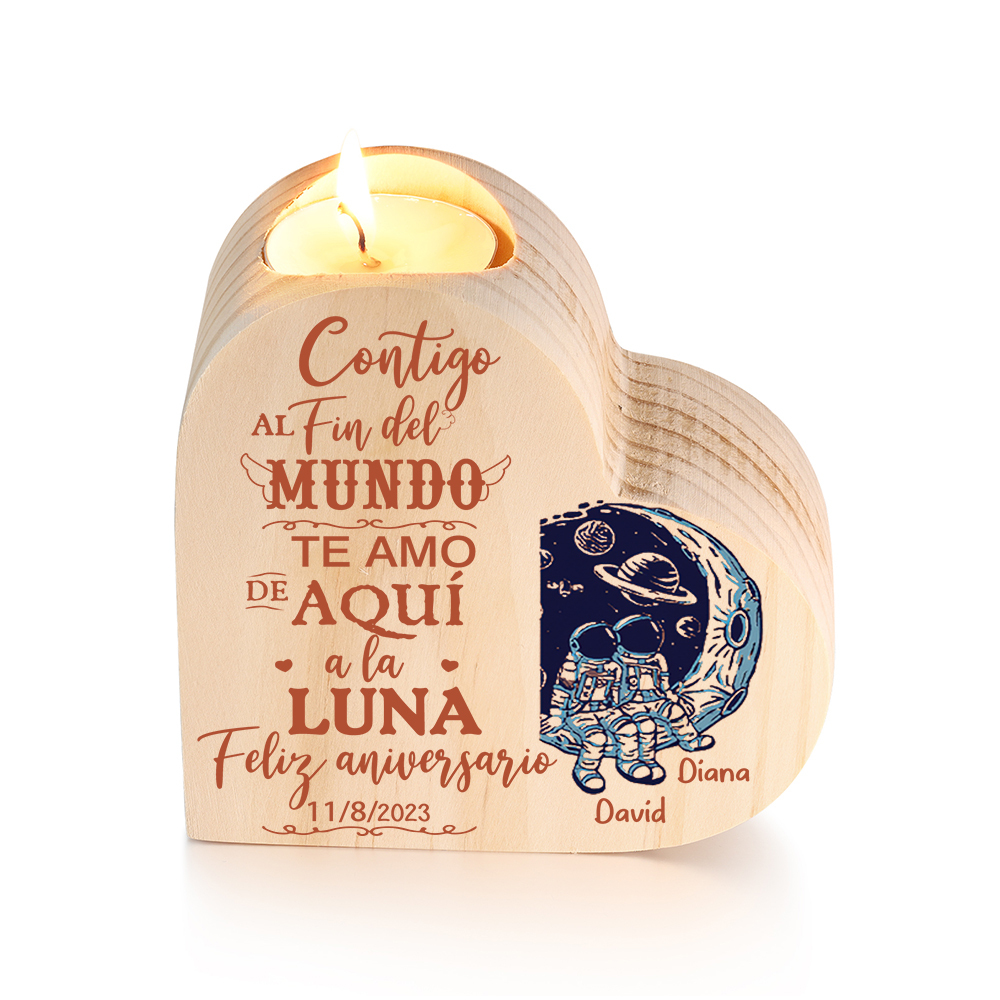 Aniversario-Candelero de madera para pareja con texto amoroso y luna sin vela personalizado con nombres y fecha-Jessemade ES