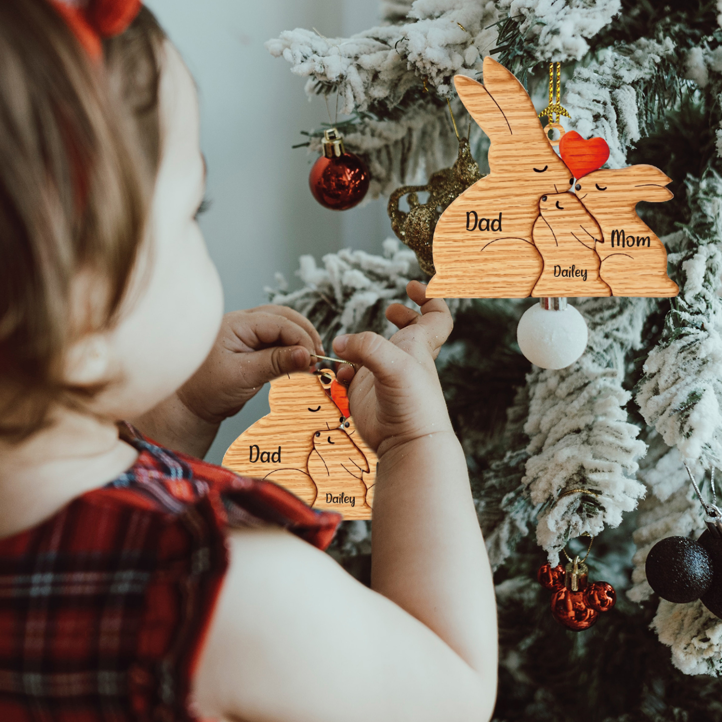 Navidad-Ornamento muñecos navideño de madera familia de conejos 3 nombres personalizados adorno del árbol-Jessemade ES