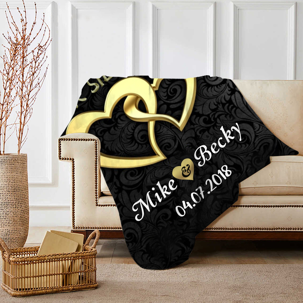 Pareja-Manta de buen calidad de corazones conectados personalizada con nombres y fecha-Jessemade ES