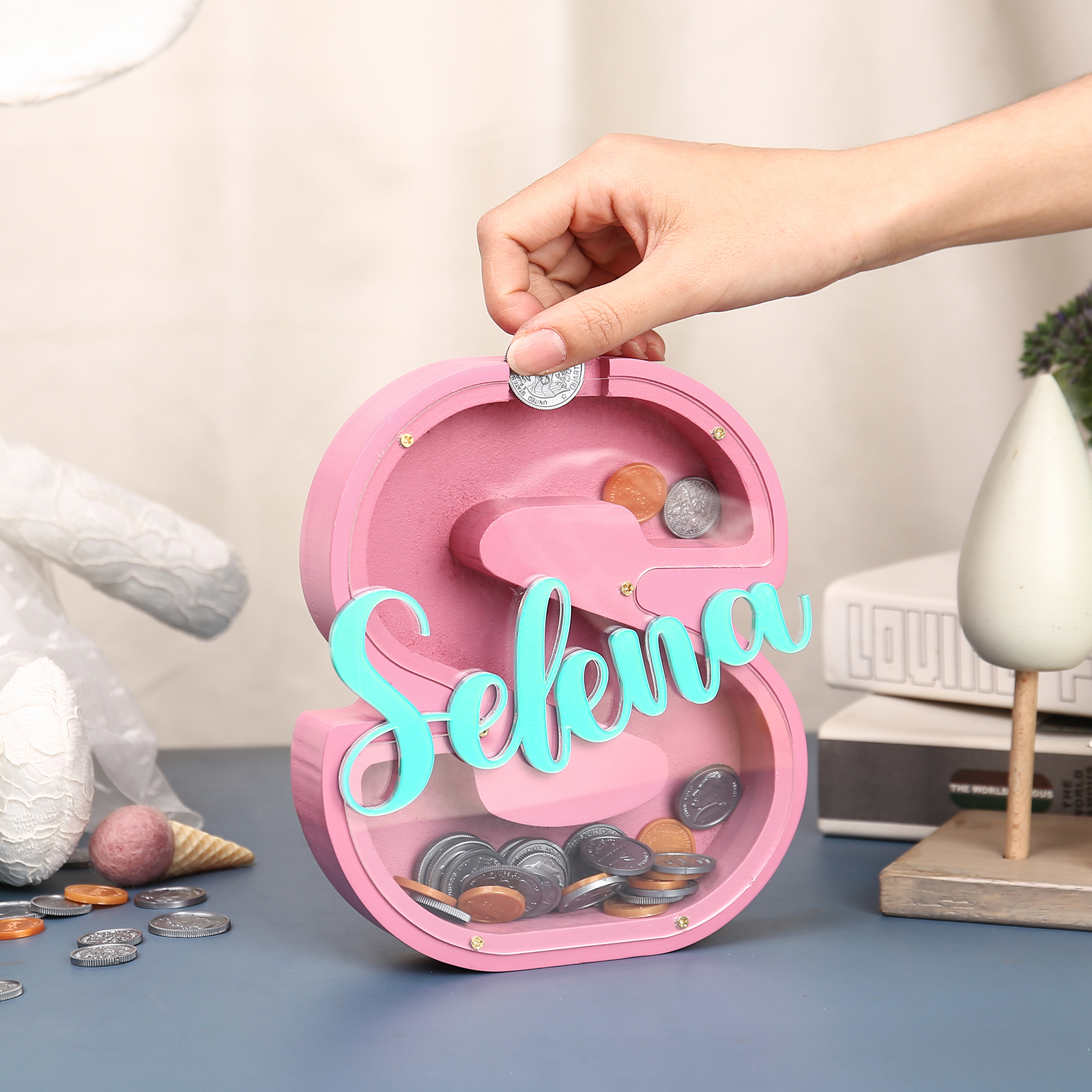 Alcancía de madera en forma de letras con 1 nombre personalizado hucha-Jessemade ES