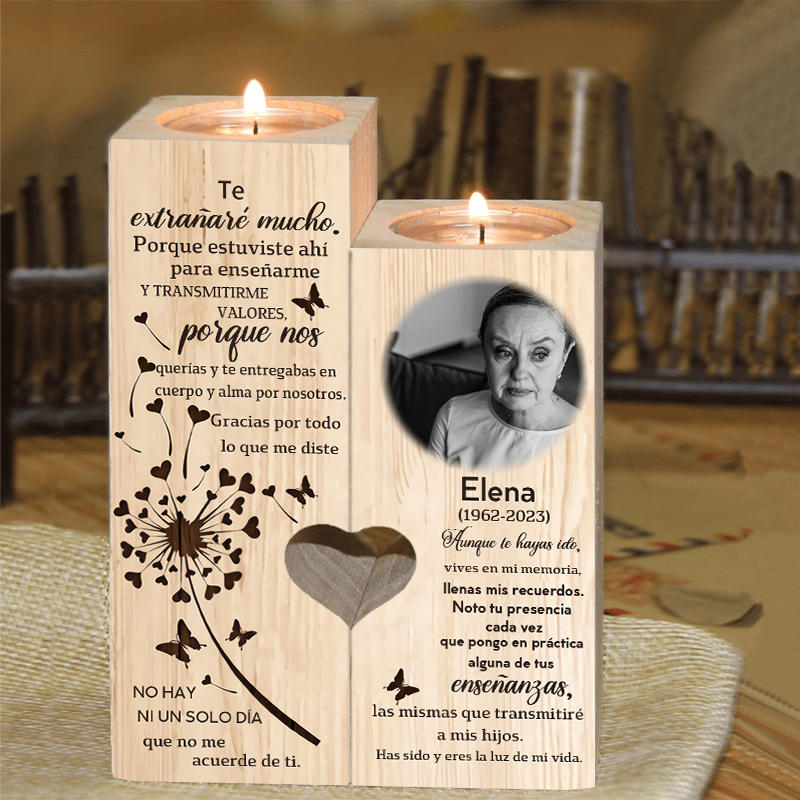 Candelero de dos piezas en memoria de ser querido de madera nombre, foto y año personalizados sin vela-Jessemade ES