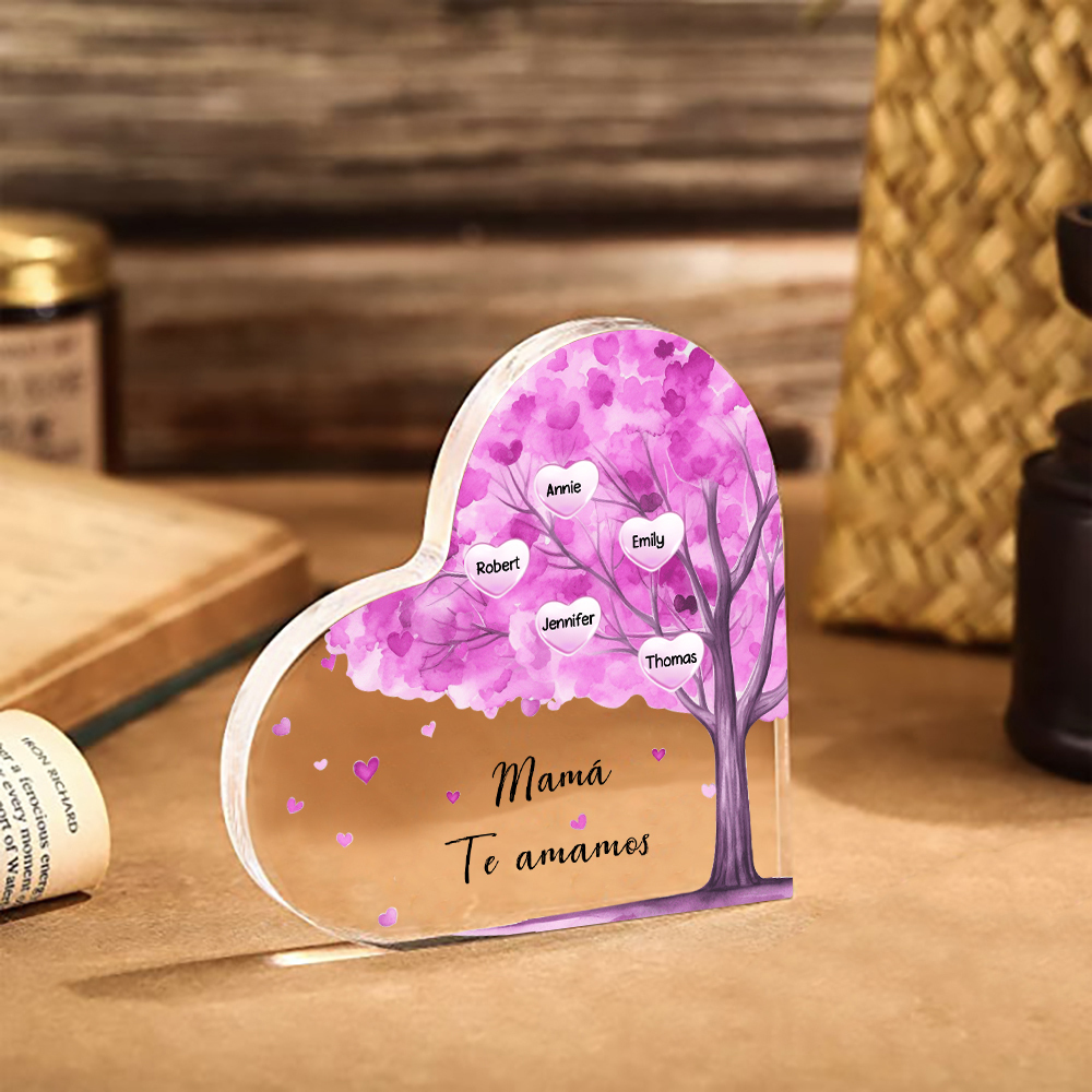 A mi mamá/abuela-Placa de acrílico "Árbol" en forma de corazón 5 nombres y 1 texto personalizados-Jessemade ES