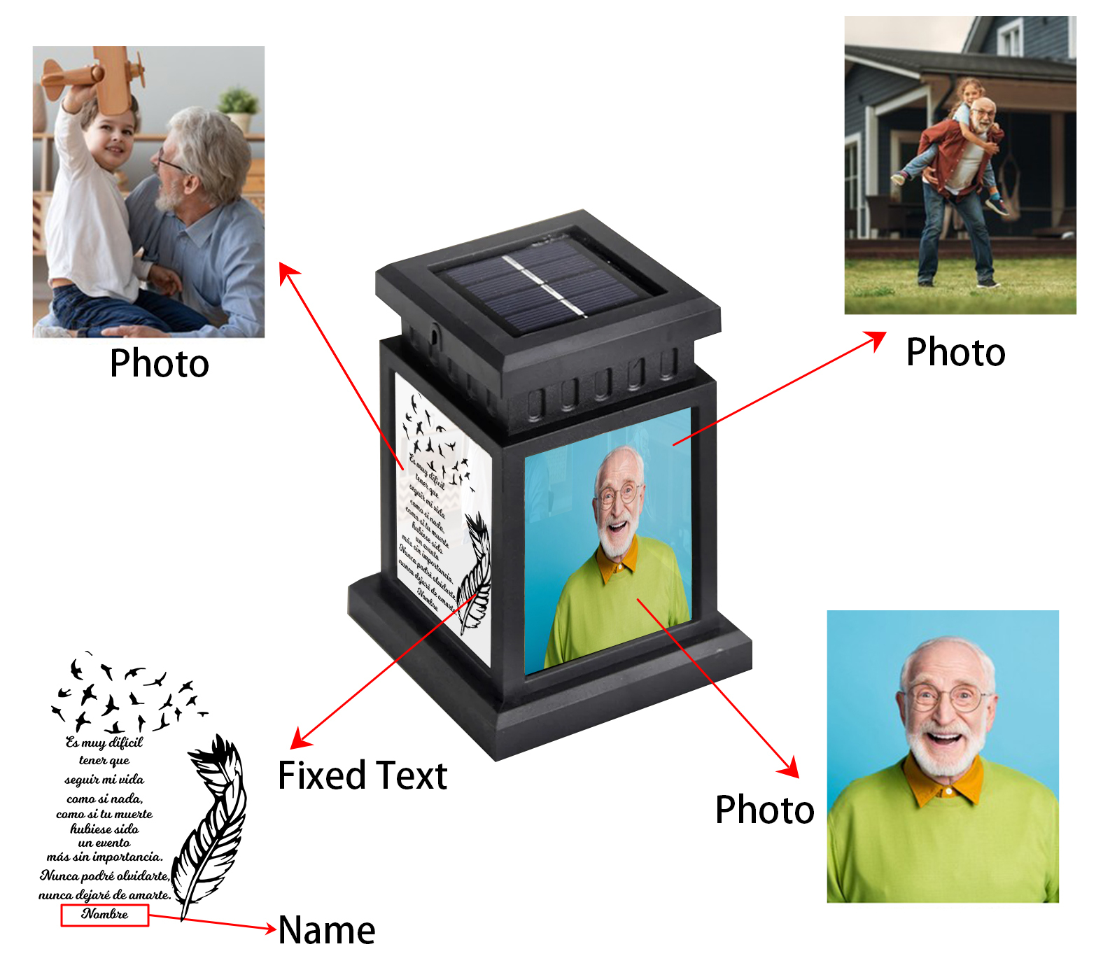 Luz Nocturna Conmemorativa Linterna con frase fijado y personalizada con nombre y 3 fotos a ser querido-Jessemade ES