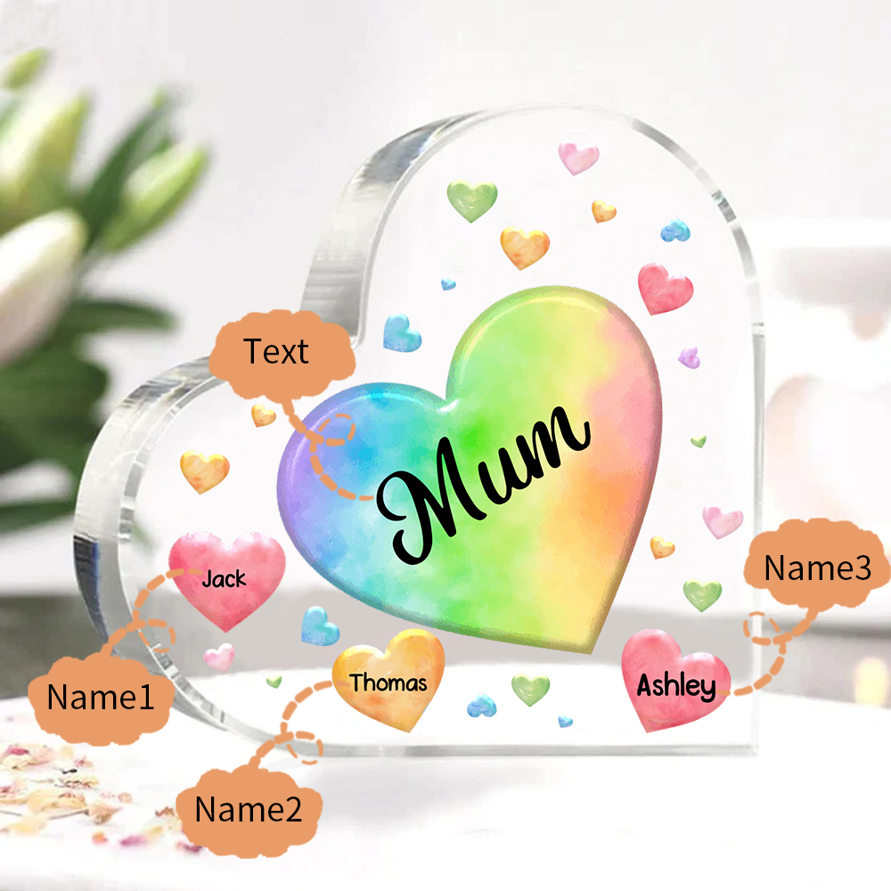 A mi mamá/abuela-Placa de acrílico "Corazones" en forma de corazón 3 nombres y 1 texto personalizados-Jessemade ES