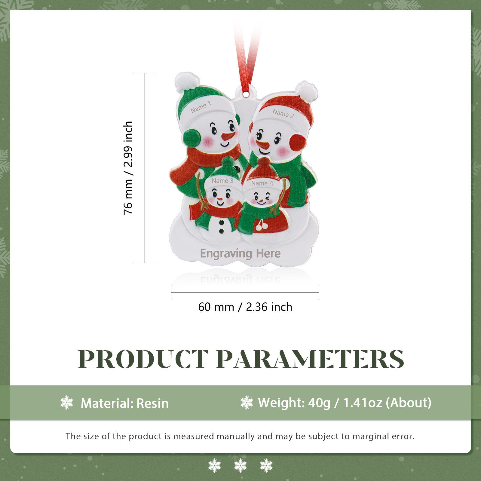 Navidad-Ornamento de resina con muñecos de nieve 4 nombres personalizados con texto adorno de árbol