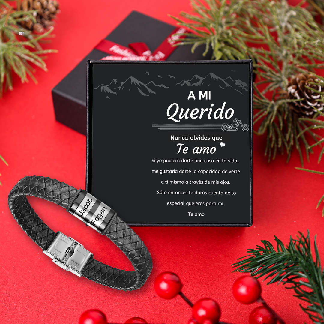 A mi querido-Pulsera de cuero trenzado de hombre con 2 perlas personalizadas con 2 nombres-Jessemade ES