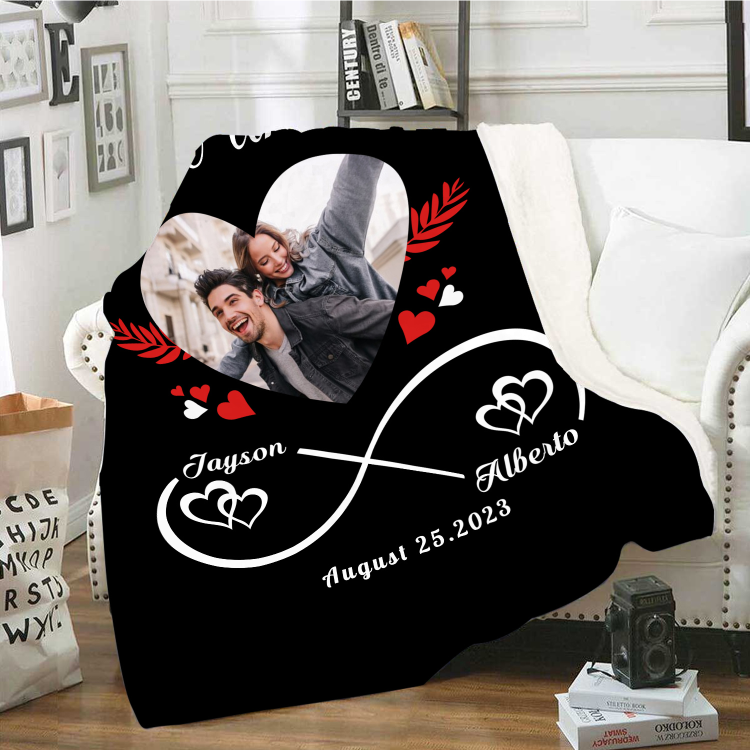 Pareja-Manta de buen calidad de nudo infinito y foto personalizada con nombres y fecha-Jessemade ES