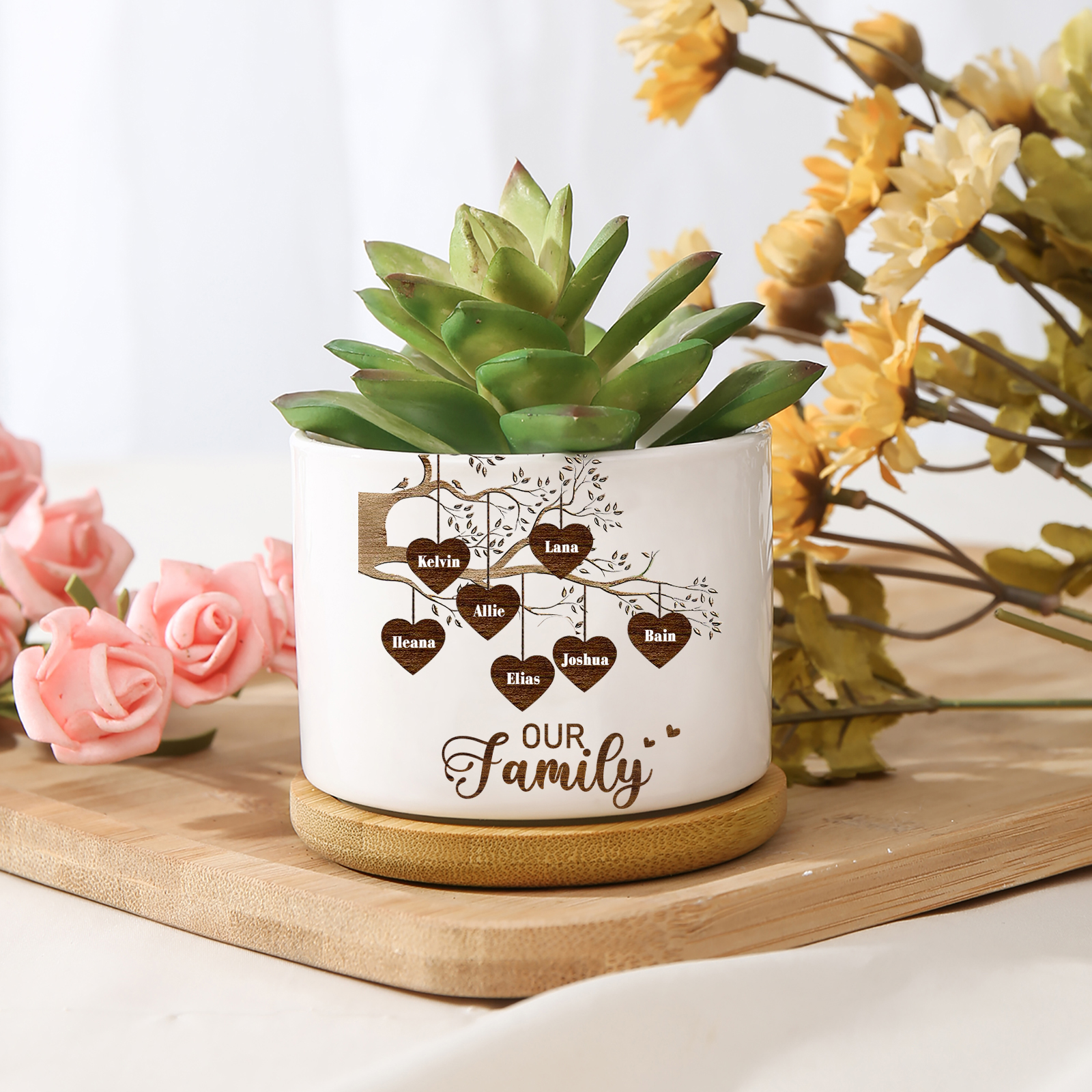 Florero con base de cerámica árbol de corazones 2-8 nombres personalizados con texto decoración del hogar-Jessemade ES