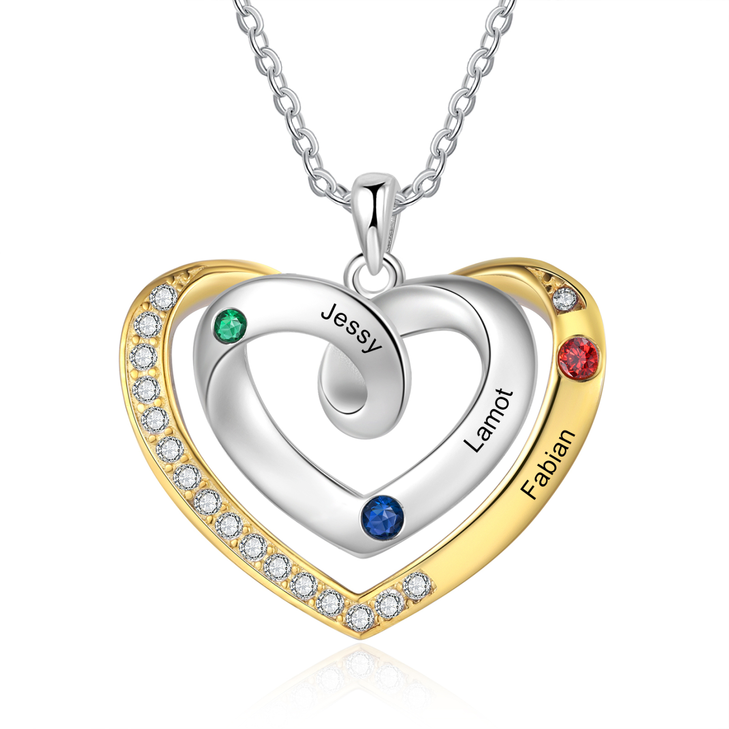 Collar de corazón con 3 nombres y piedras de nacimiento personalizados-Jessemade ES