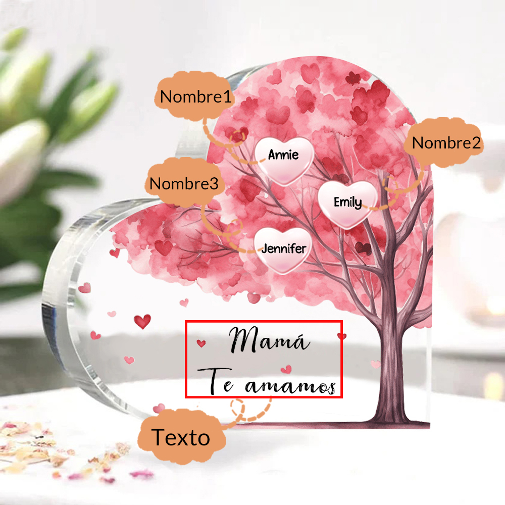 A mi mamá/abuela-Placa de acrílico "Árbol" en forma de corazón 3 nombres y 1 texto personalizados-Jessemade ES