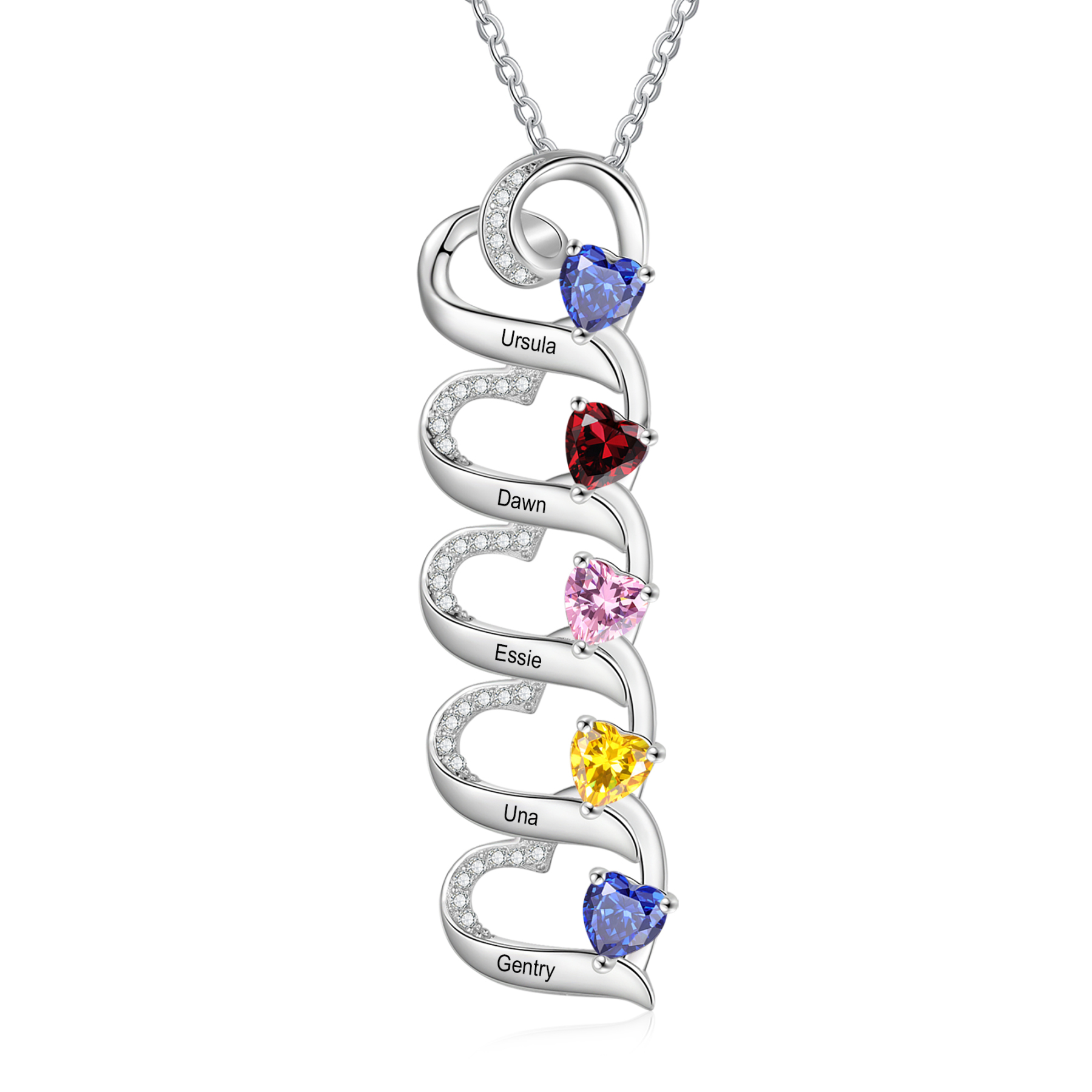 Collar de corazones con 2-5 nombres personalizados y 2-5 piedras de nacimiento-Jessemade ES