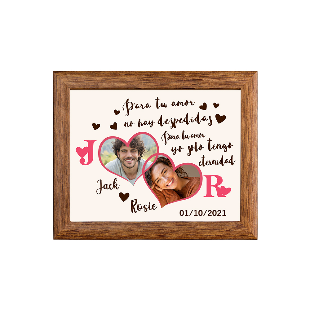 Marco de 2 fotos de madera para pareja 2 nombres, 2 letras y fecha personalizados