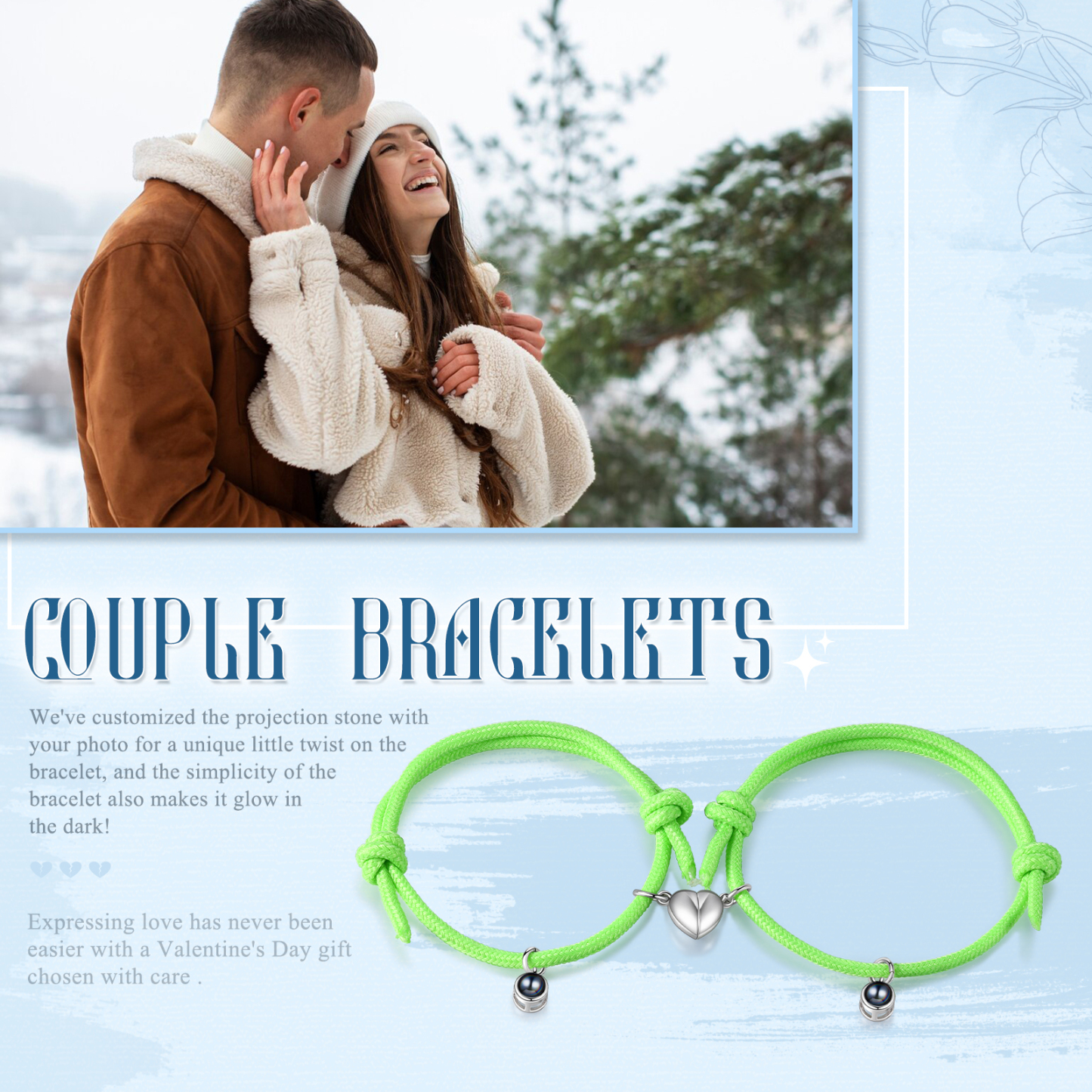 Pulsera de cuerda fluorescentepara pareja con proyección de foto con dije de corazón magnético-Jessemade ES