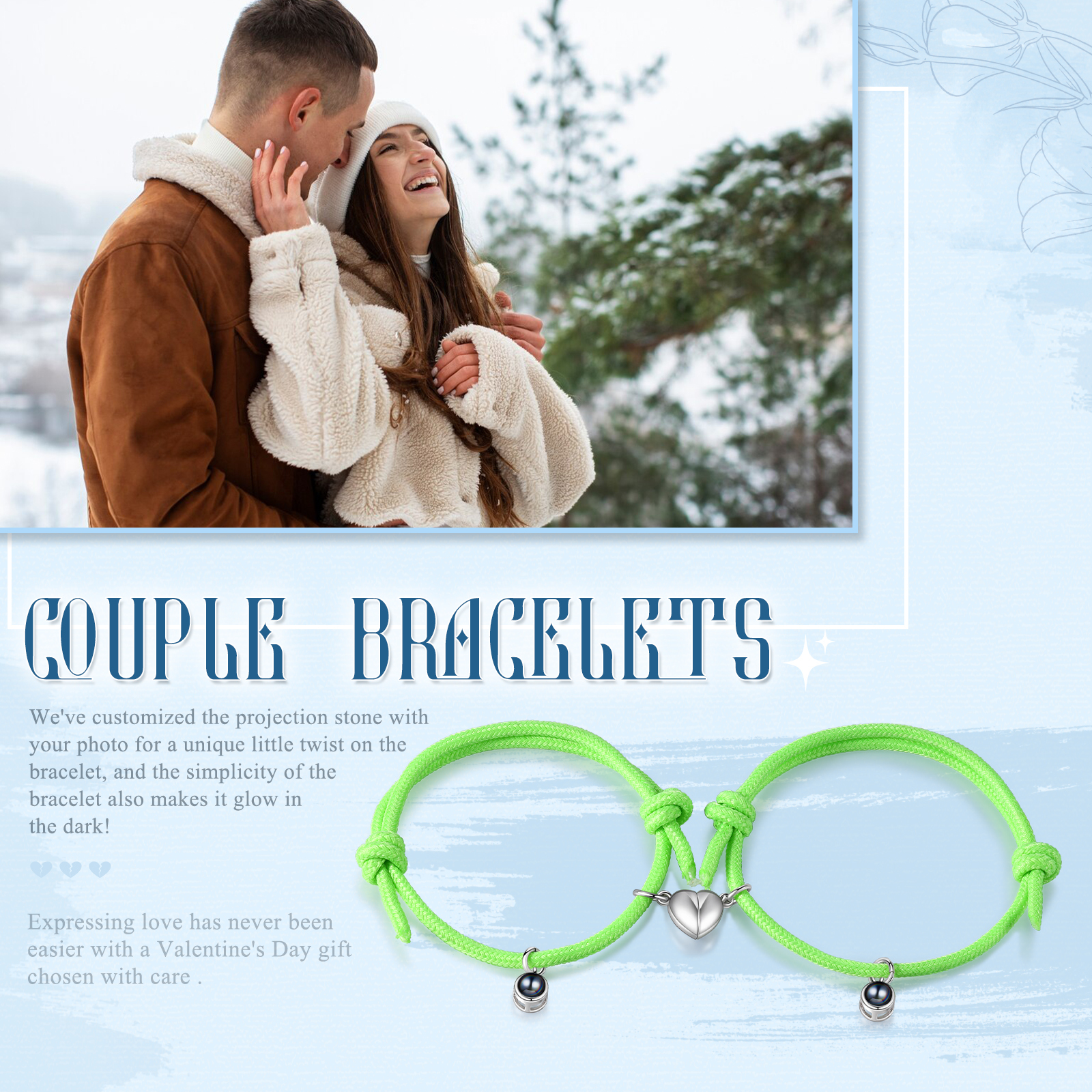 Pulsera de cuerda fluorescentepara pareja con proyección de foto con dije de corazón magnético-Jessemade ES