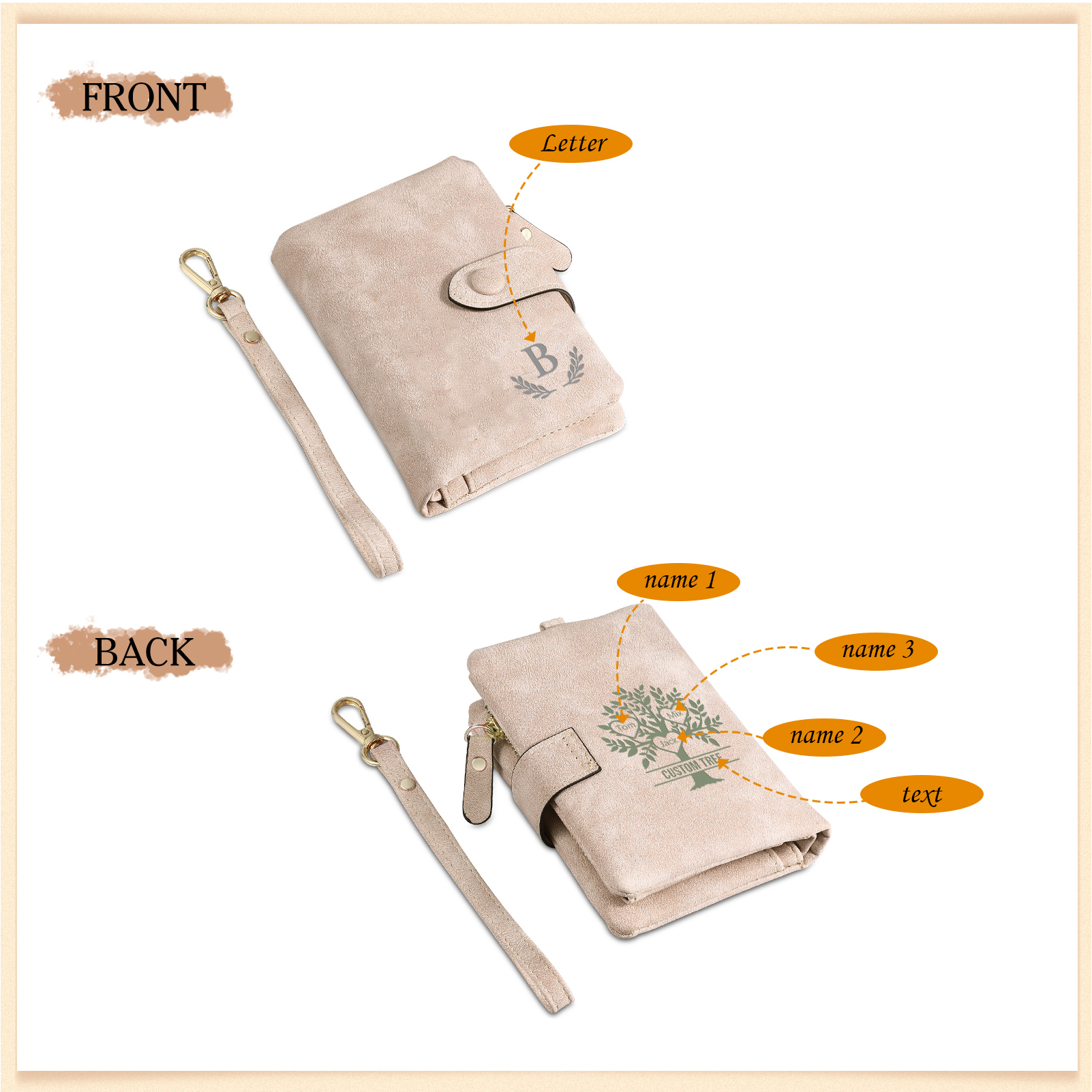 Cartera, billetera con 3-8 nombres, 1 letra y 1 texto personalizados árbol de la vida monedero clásico para mujer-Jessemade ES