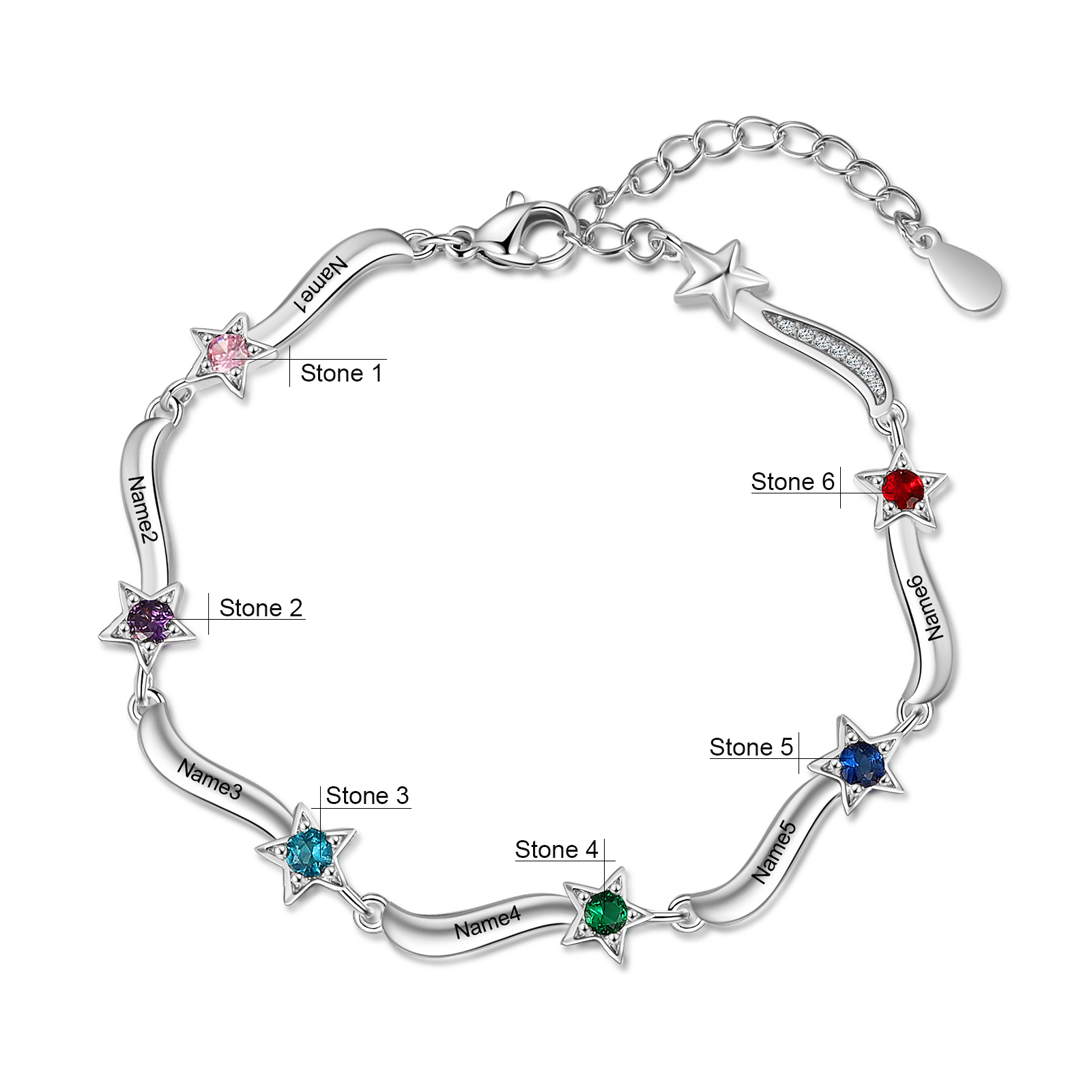 Pulsera Brazalete personalizada de 6 nombres y estrellas con 6 piedras de nacimiento-Jessemade ES
