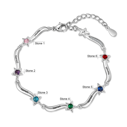 Pulsera Brazalete personalizada de 6 nombres y estrellas con 6 piedras de nacimiento-Jessemade ES