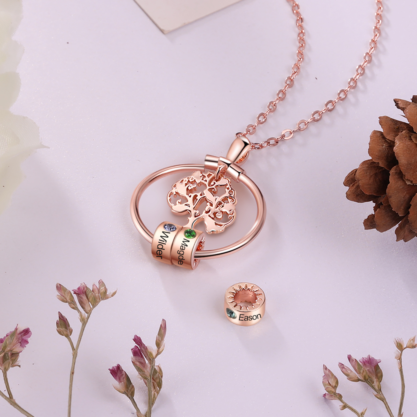 Collar con 1-5 círculos 1-5 piedras de nacimiento y nombres colgante de árbol de la vida oro rosa-Jessemade ES