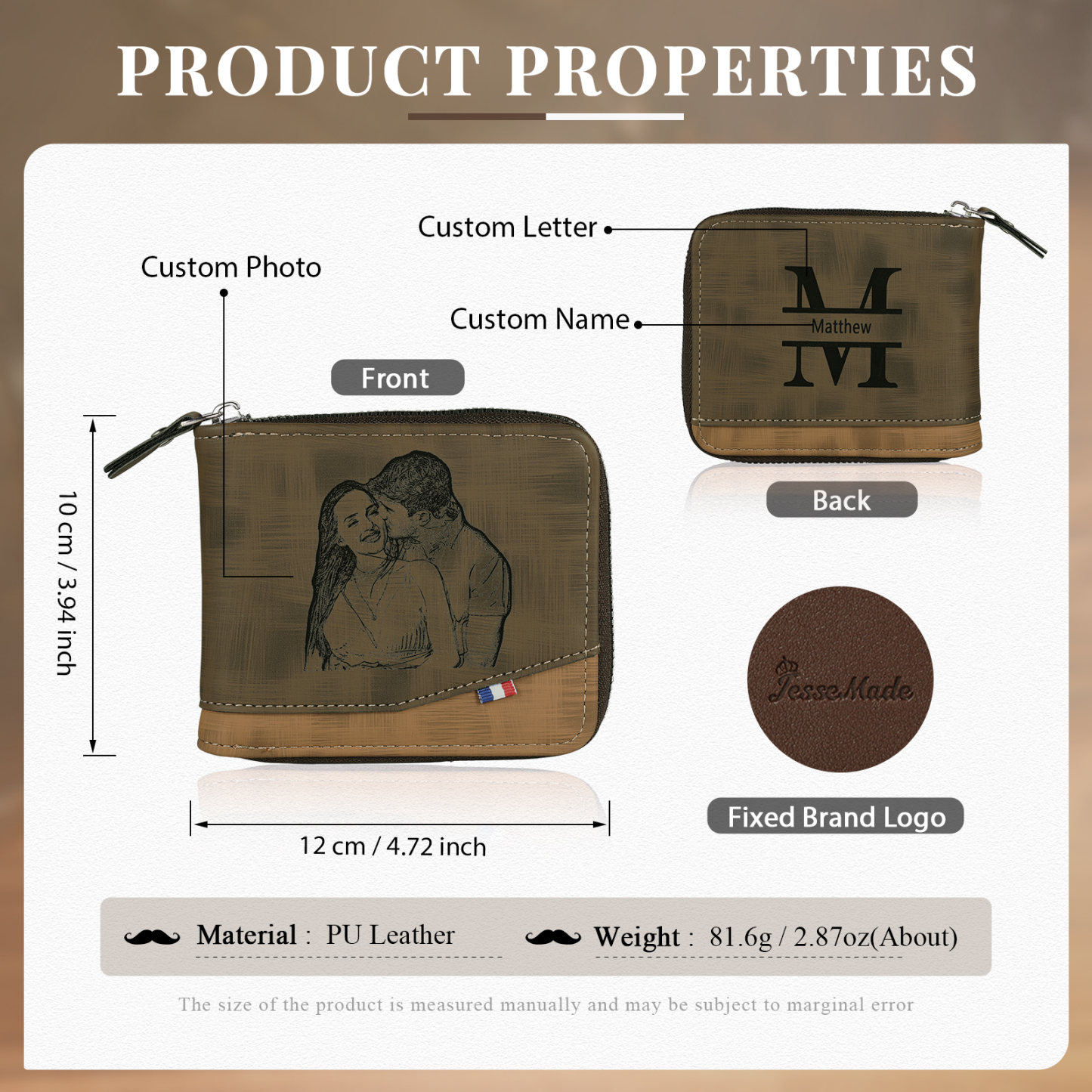 Cartera, billetera personalizada con 1 foto, 1 nombre y 1 letra monedero para hombre-Jessemade ES