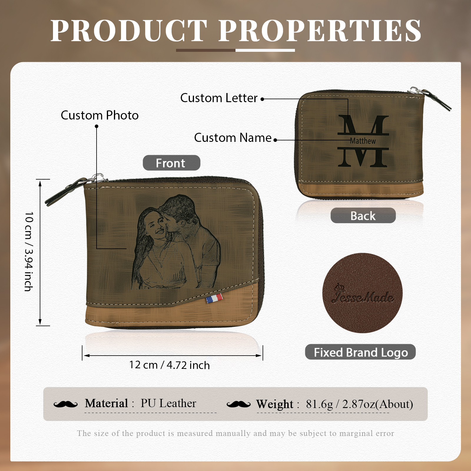 Cartera, billetera personalizada con 1 foto, 1 nombre y 1 letra monedero para hombre-Jessemade ES