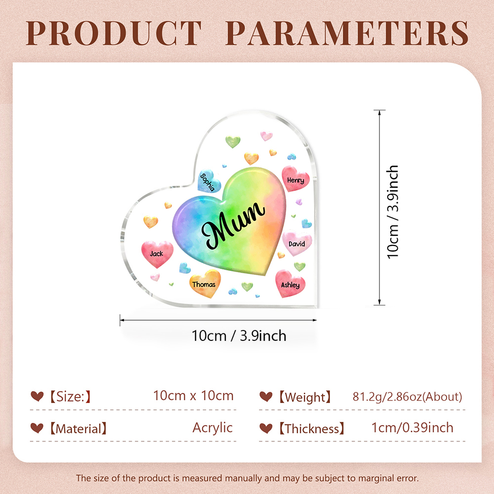 A mi mamá/abuela-Placa de acrílico "Corazones" en forma de corazón 6 nombres y 1 texto personalizados-Jessemade ES