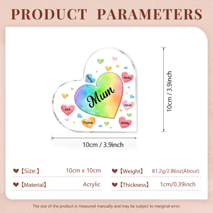 A mi mamá/abuela-Placa de acrílico "Corazones" en forma de corazón 6 nombres y 1 texto personalizados-Jessemade ES