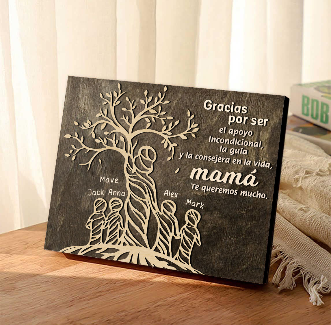 A mi mamá-Lámina mujer de árbol marco de madera personalizado con 5 nombres-Jessemade ES