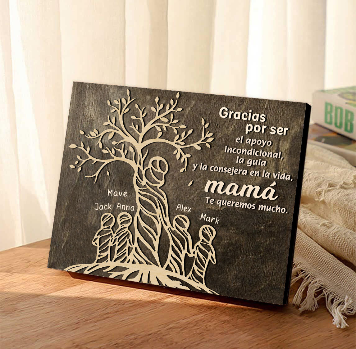 A mi mamá-Lámina mujer de árbol marco de madera personalizado con 5 nombres-Jessemade ES