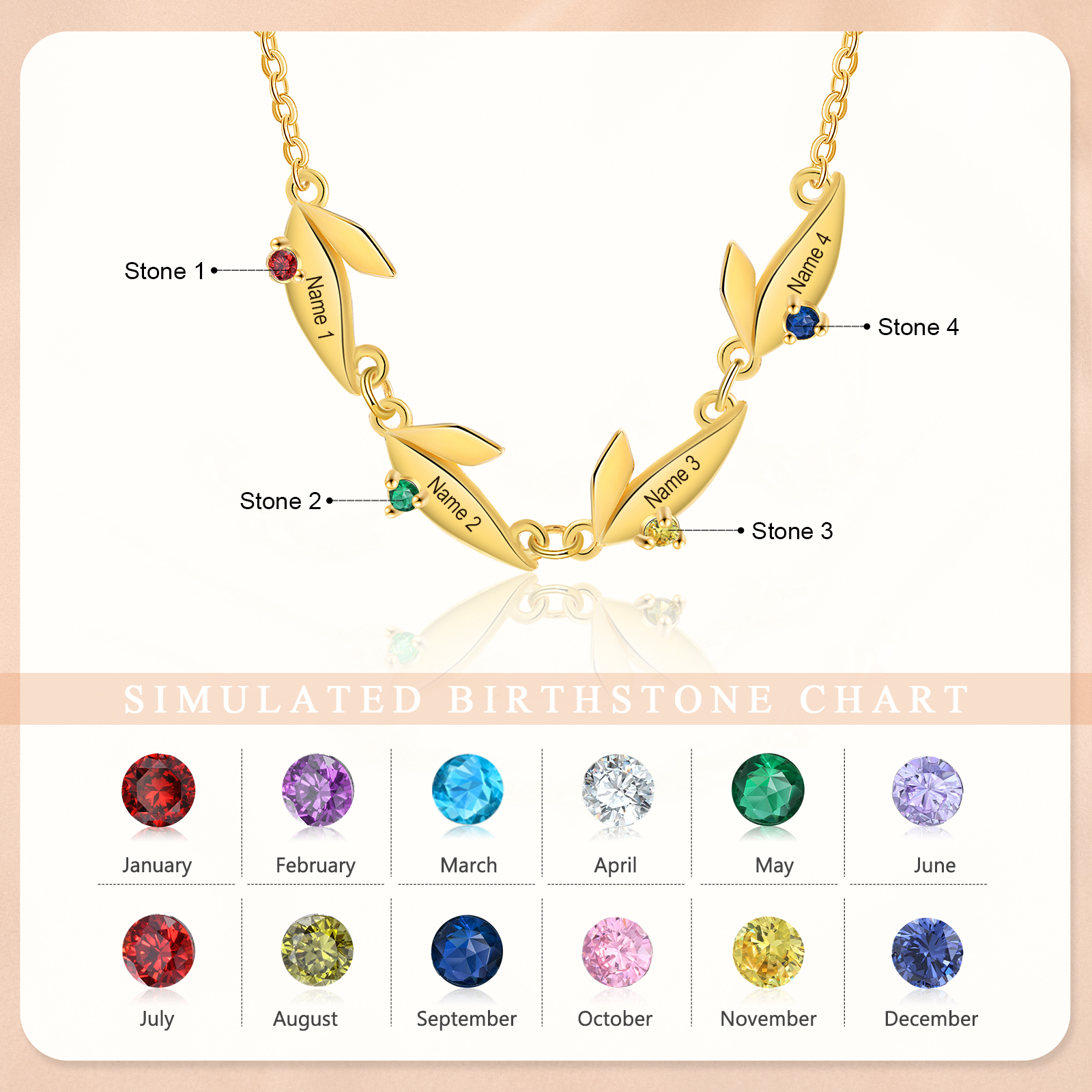 Collar con colgante de hojas con 2-6 nombres personalizados y 2-6 piedras de nacimiento-Jessemade ES