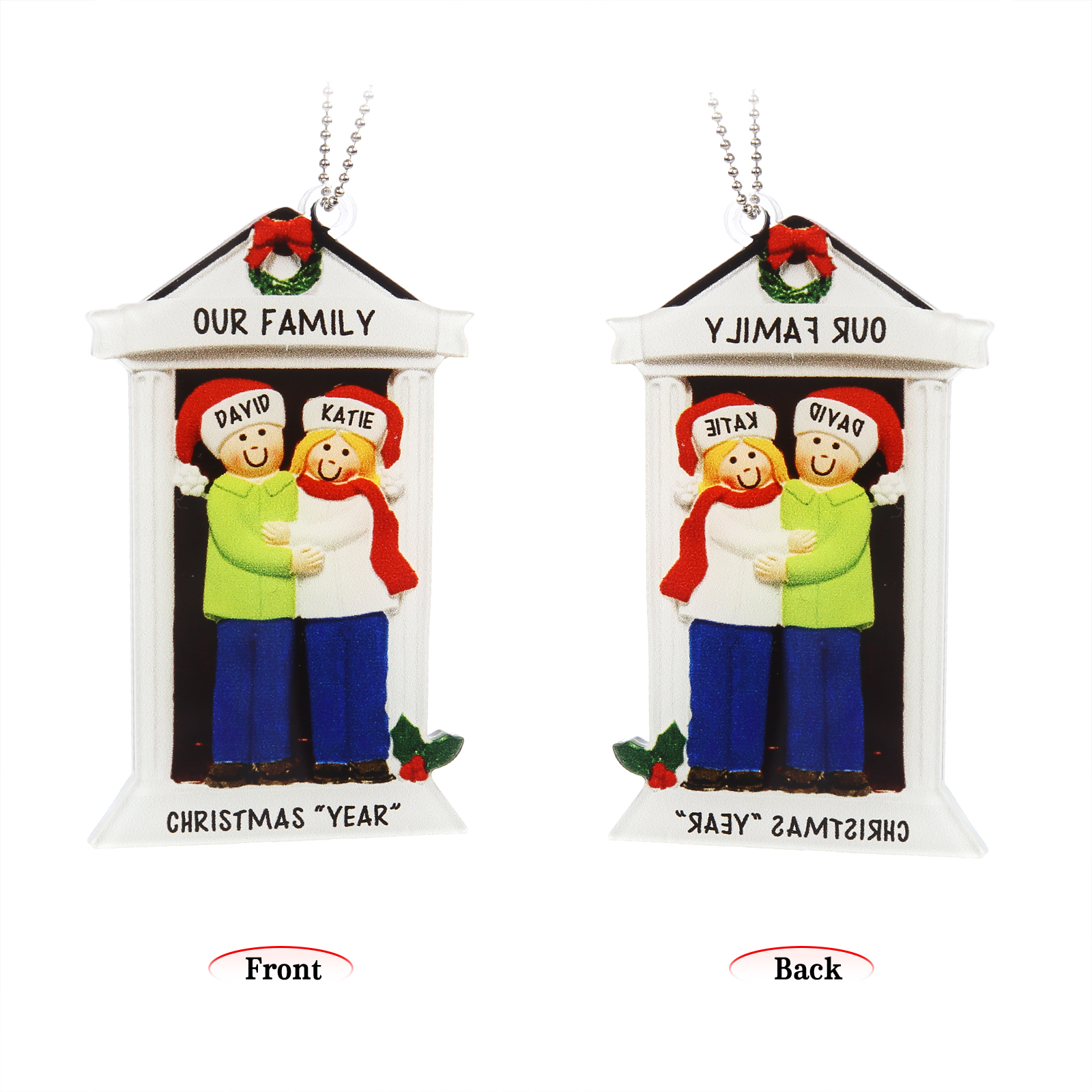 Navidad-Ornamentos Navideños de Acrílico Familia en Puerta 2 Nombres Personalizados con 2 Textos