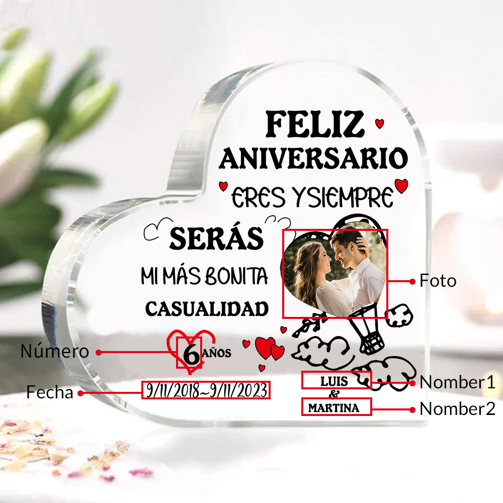 Valentín-Placa de acrílico en forma de corazón aniversario con foto, número, fecha y nombres personalizados-Jessemade ES