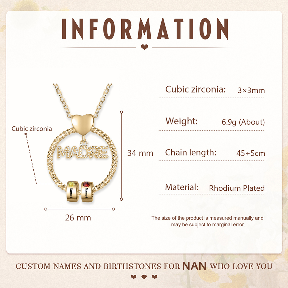 Collar con colgante de "MADRE" con 2 nombres y 2 piedras de nacimiento personalizados | Jessemade-Jessemade ES