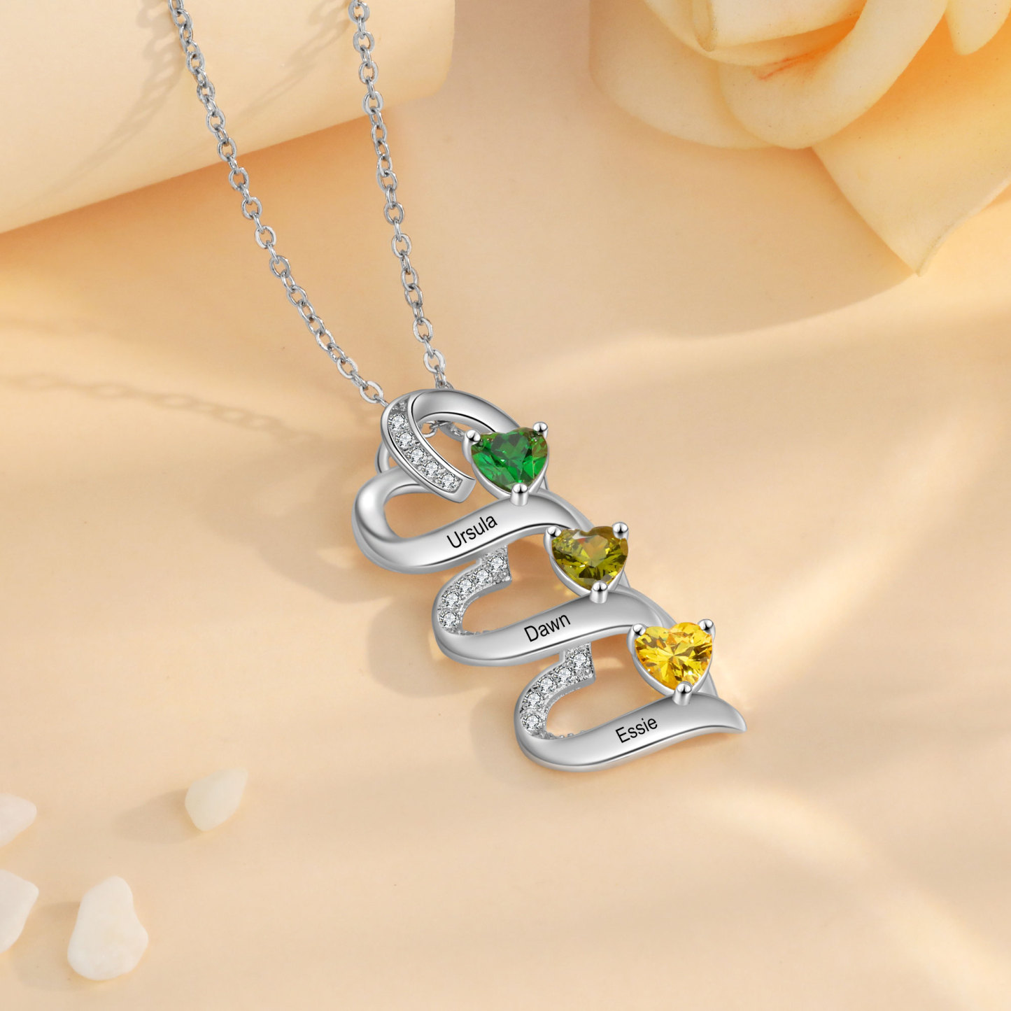 Collar de corazones con 2-5 nombres personalizados y 2-5 piedras de nacimiento-Jessemade ES