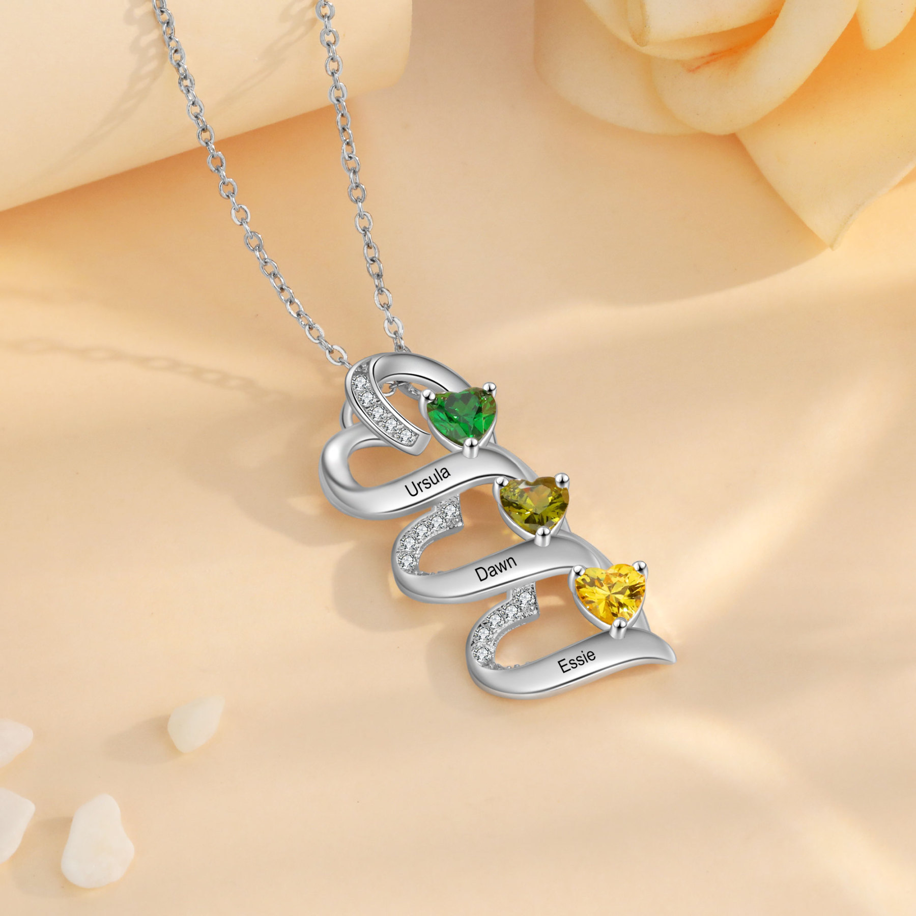 Collar de corazones con 2-5 nombres personalizados y 2-5 piedras de nacimiento-Jessemade ES