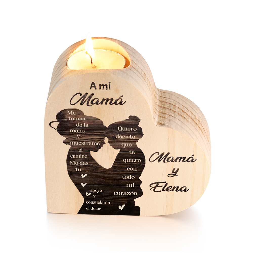 A mi mamá-Candelero con nombres personalizados en forma de corazón de madera sin candela-Jessemade ES