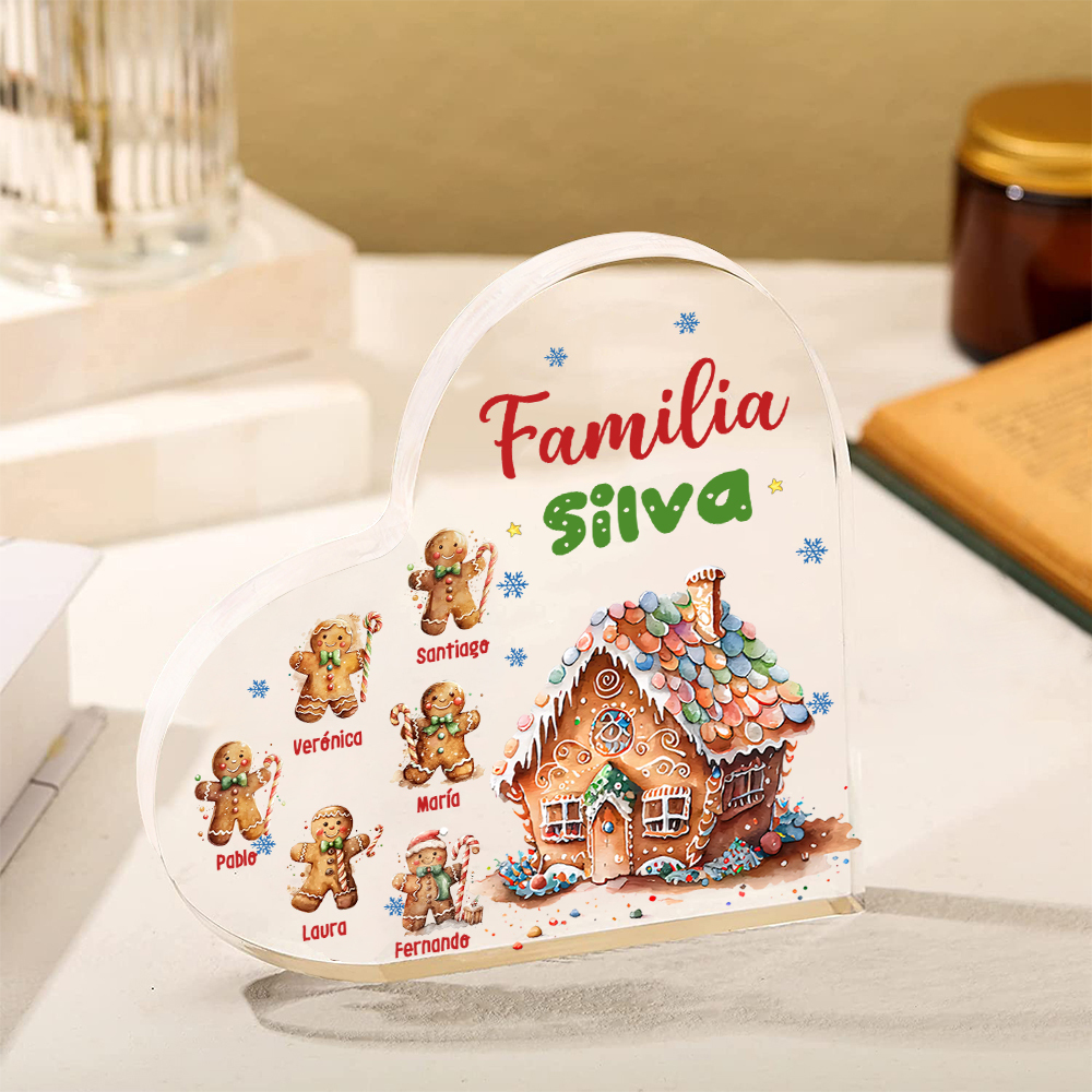 Navidad - Placa de acrílico en forma de corazón jengibres y su casa con 6 nombres y 1 texto personalizados-Jessemade ES