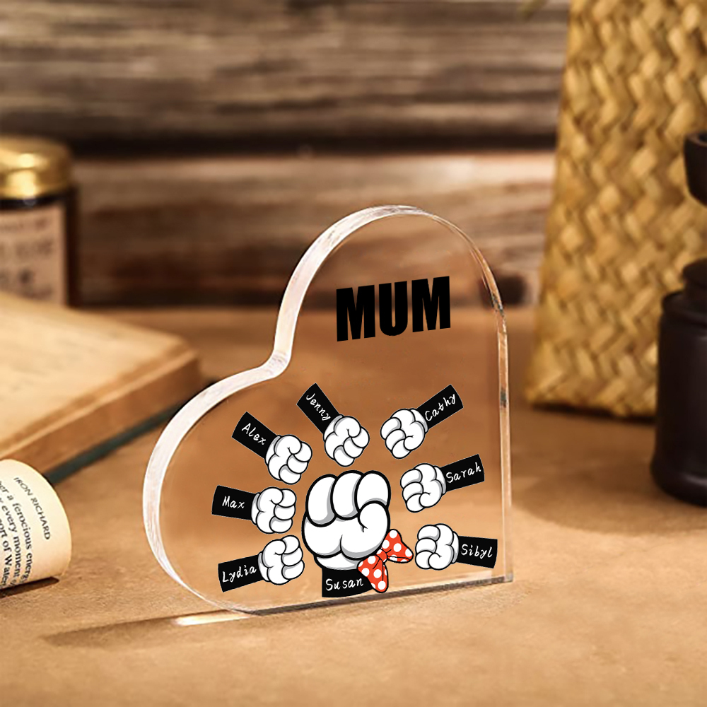 A mi mamá/abuela-Placa de acrílico "Puños" en forma de corazón 8 nombres y 1 texto personalizados-Jessemade ES