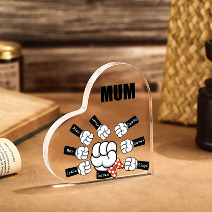 A mi mamá/abuela-Placa de acrílico "Puños" en forma de corazón 8 nombres y 1 texto personalizados-Jessemade ES
