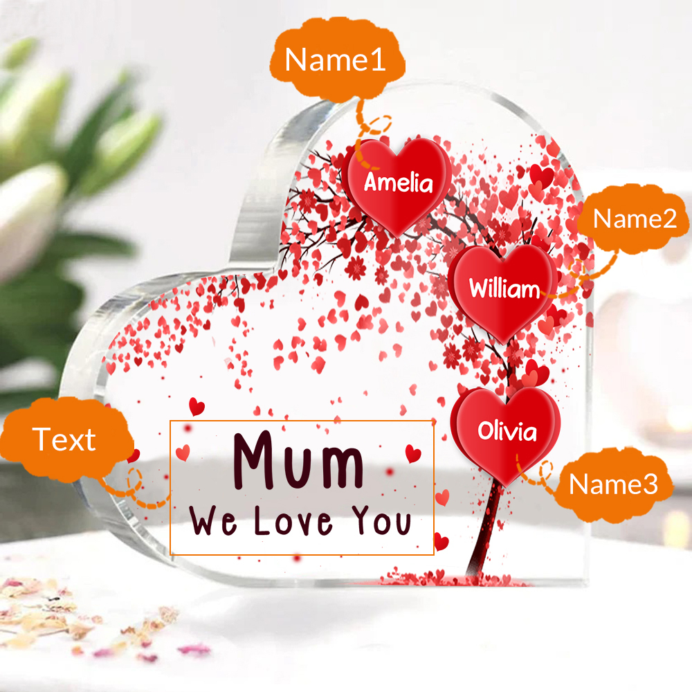 A mi mamá/abuela-Placa de acrílico "Corazones" en forma de corazón 3 nombres y 1 texto personalizados-Jessemade ES