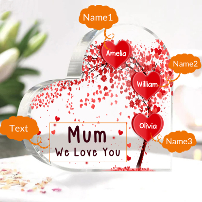 A mi mamá/abuela-Placa de acrílico "Corazones" en forma de corazón 3 nombres y 1 texto personalizados-Jessemade ES