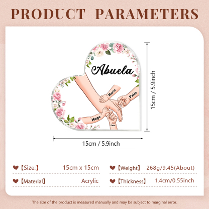 A mi mamá/abuela-Placa de acrílico en forma de corazón mano a mano con 1 texto y 4 nombres personalizados | Jessemade
